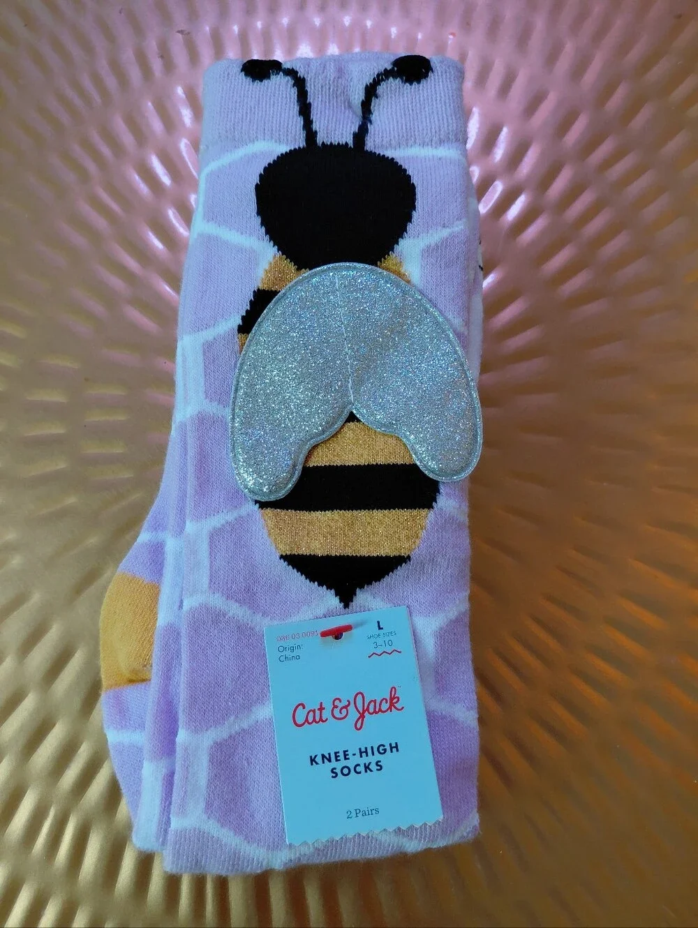 Cat & Jack Pink Bee Knee-High Socks with Sparkly Silver Wings. NWT Size L